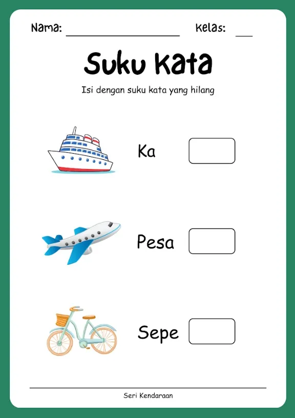 Worksheet Anak Seri kendaraan